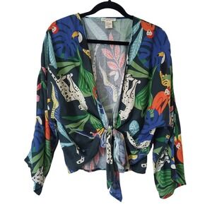 Christian Siriano Tropical Print Linen Blend Tie Front Wrap Top Vacation O/S